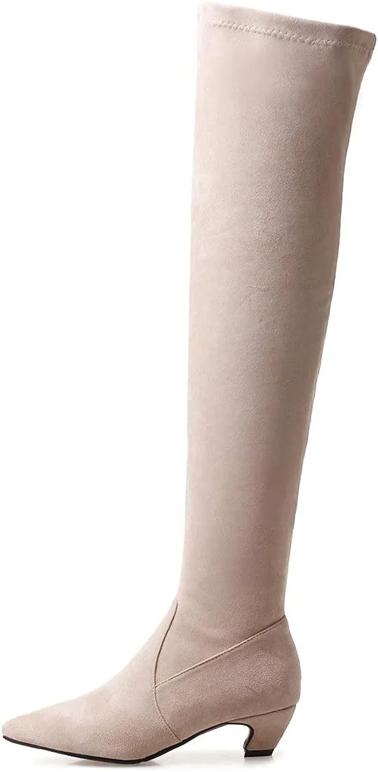 Trendenzy Womens Pointed Toe Kitten Heel Thigh High Boots Faux Suede Stretch Over The Knee Boots