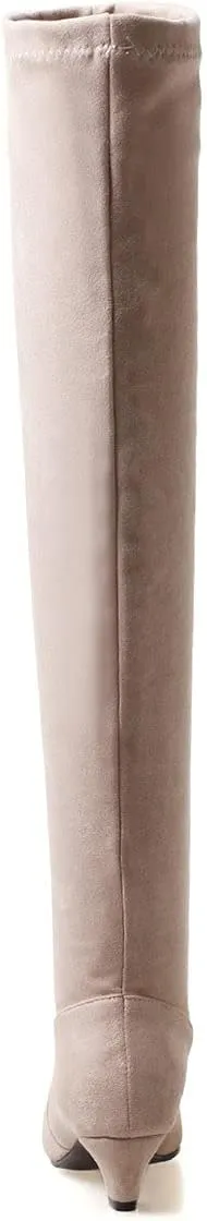Trendenzy Womens Pointed Toe Kitten Heel Thigh High Boots Faux Suede Stretch Over The Knee Boots
