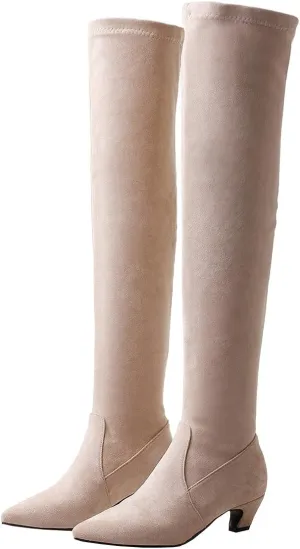 Trendenzy Womens Pointed Toe Kitten Heel Thigh High Boots Faux Suede Stretch Over The Knee Boots