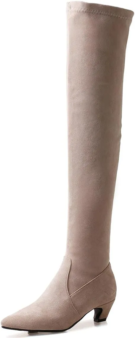 Trendenzy Womens Pointed Toe Kitten Heel Thigh High Boots Faux Suede Stretch Over The Knee Boots