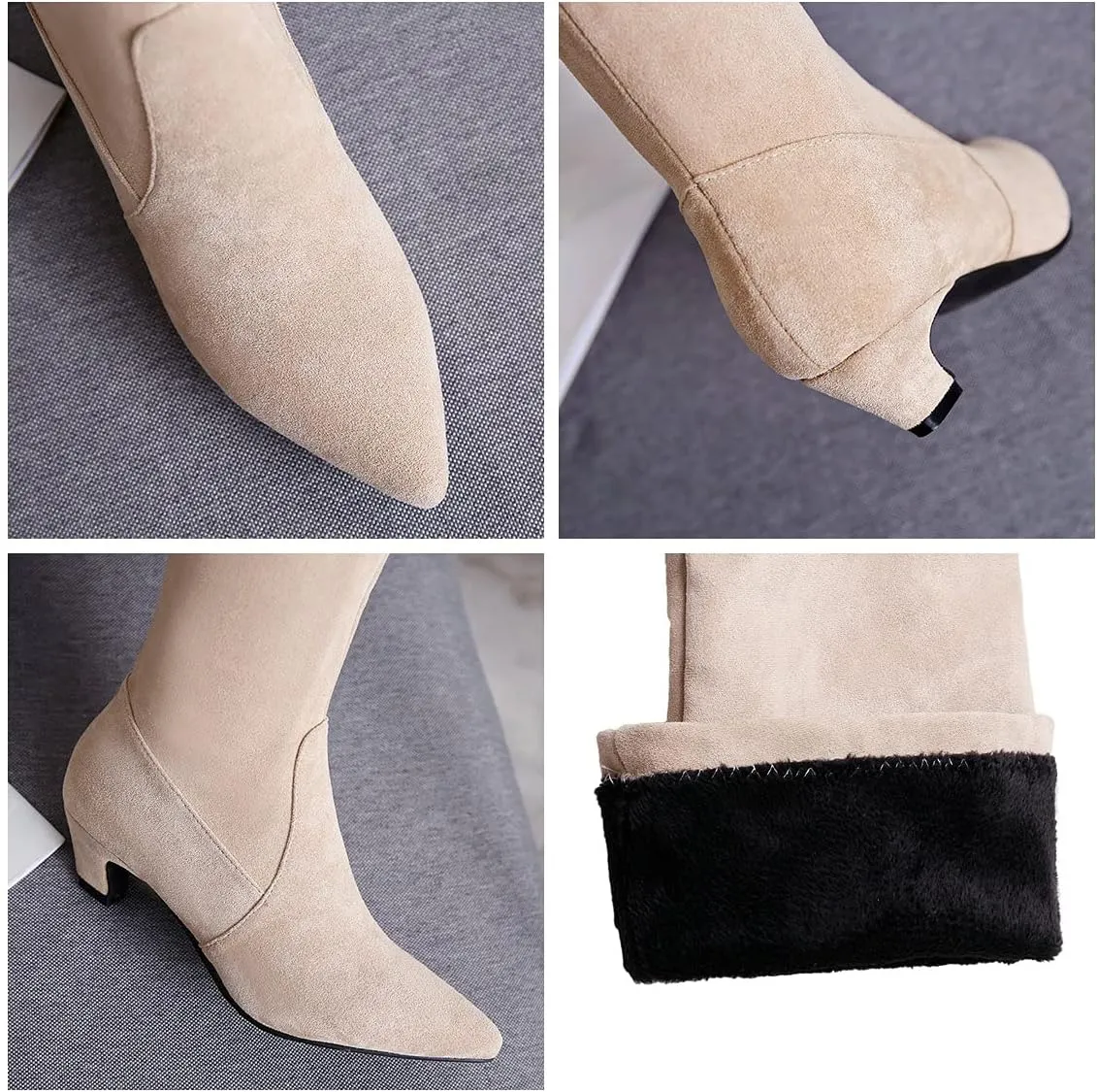 Trendenzy Womens Pointed Toe Kitten Heel Thigh High Boots Faux Suede Stretch Over The Knee Boots