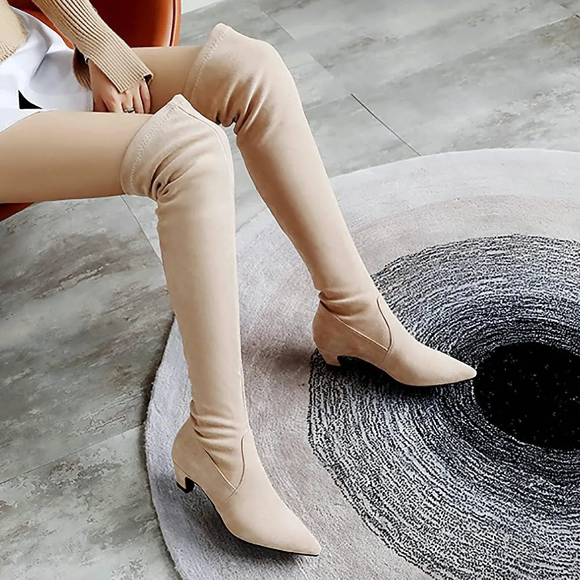 Trendenzy Womens Pointed Toe Kitten Heel Thigh High Boots Faux Suede Stretch Over The Knee Boots