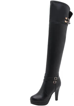 UniqueStride Womens Platform Block Heel Over the Knee Boots Chunky High Heels Buckle Thigh High Boots