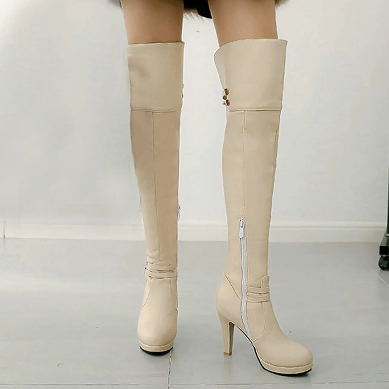 UniqueStride Womens Platform Block Heel Over the Knee Boots Chunky High Heels Buckle Thigh High Boots