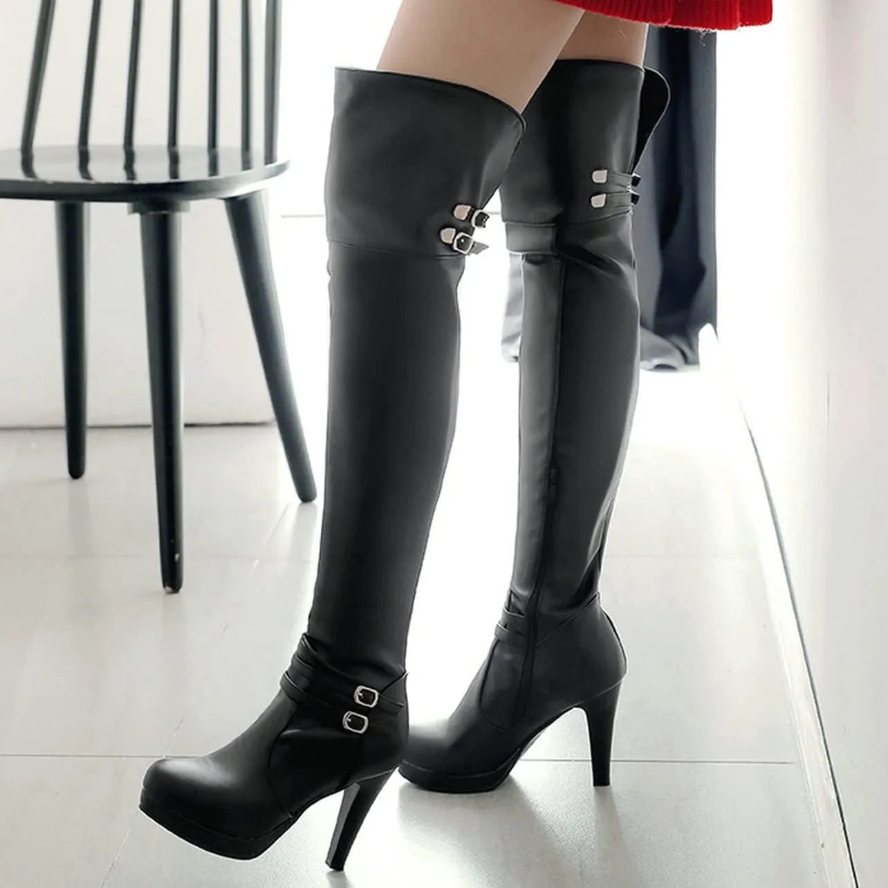 UniqueStride Womens Platform Block Heel Over the Knee Boots Chunky High Heels Buckle Thigh High Boots