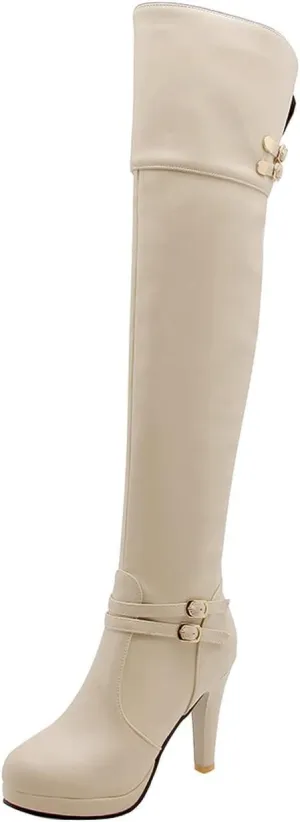 UniqueStride Womens Platform Block Heel Over the Knee Boots Chunky High Heels Buckle Thigh High Boots