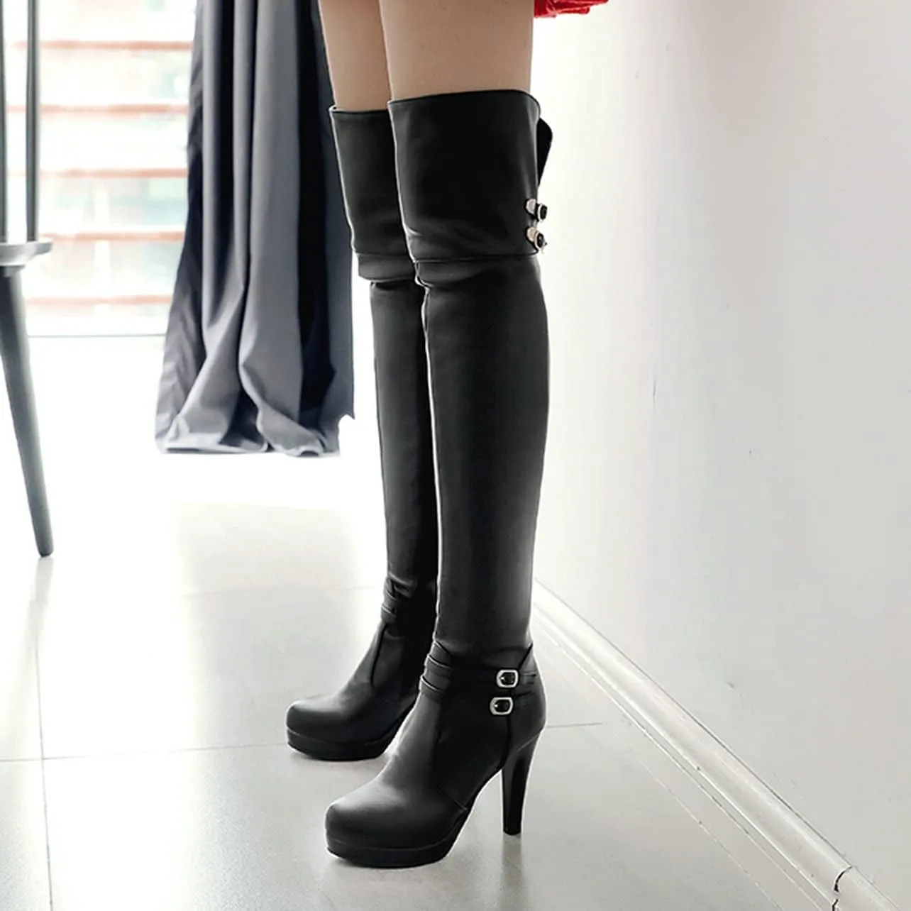UniqueStride Womens Platform Block Heel Over the Knee Boots Chunky High Heels Buckle Thigh High Boots
