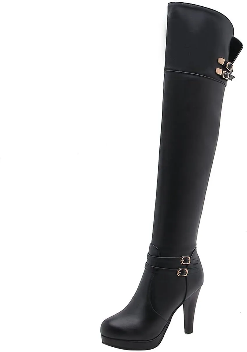 UniqueStride Womens Platform Block Heel Over the Knee Boots Chunky High Heels Buckle Thigh High Boots