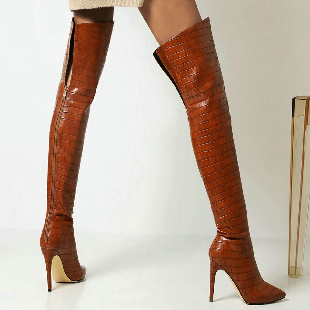 UniqueStride Womens Stiletto Over the Knee Boots Pointed Toe Back Zip Up Thigh High Boots