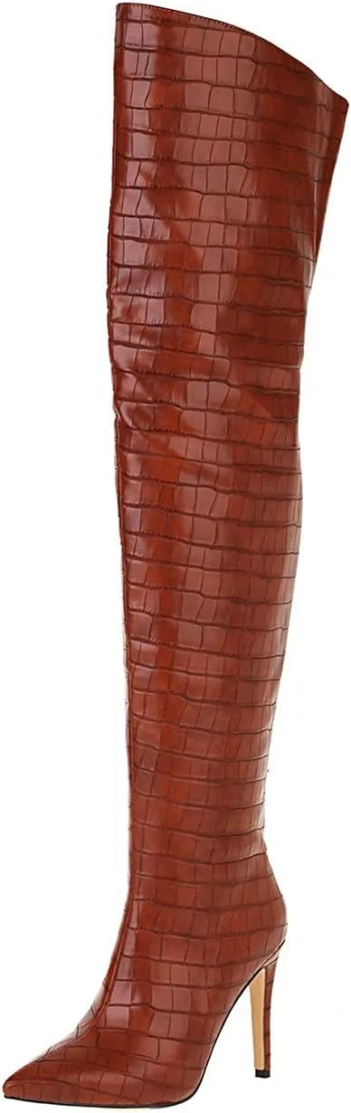 UniqueStride Womens Stiletto Over the Knee Boots Pointed Toe Back Zip Up Thigh High Boots