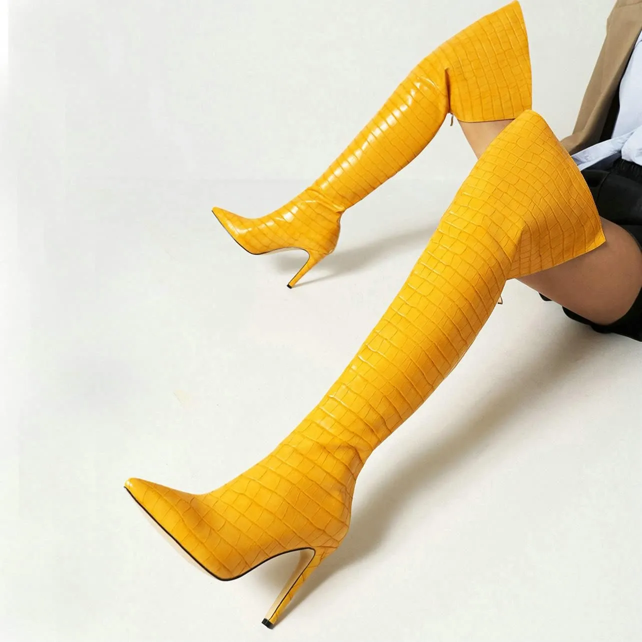 UniqueStride Womens Stiletto Over the Knee Boots Pointed Toe Back Zip Up Thigh High Boots