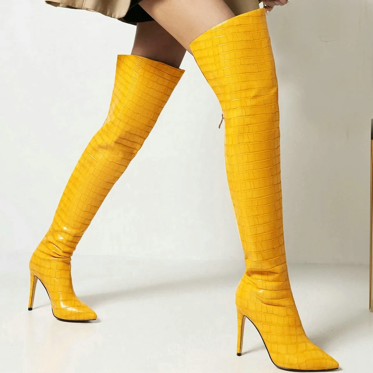 UniqueStride Womens Stiletto Over the Knee Boots Pointed Toe Back Zip Up Thigh High Boots