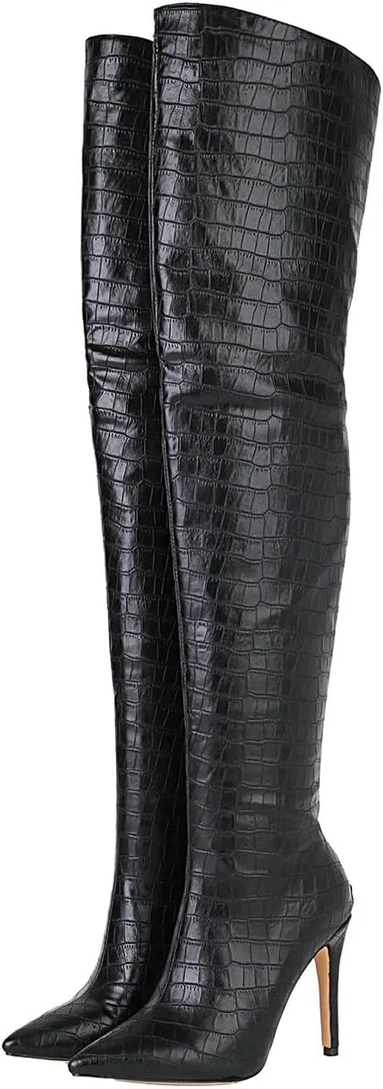 UniqueStride Womens Stiletto Over the Knee Boots Pointed Toe Back Zip Up Thigh High Boots