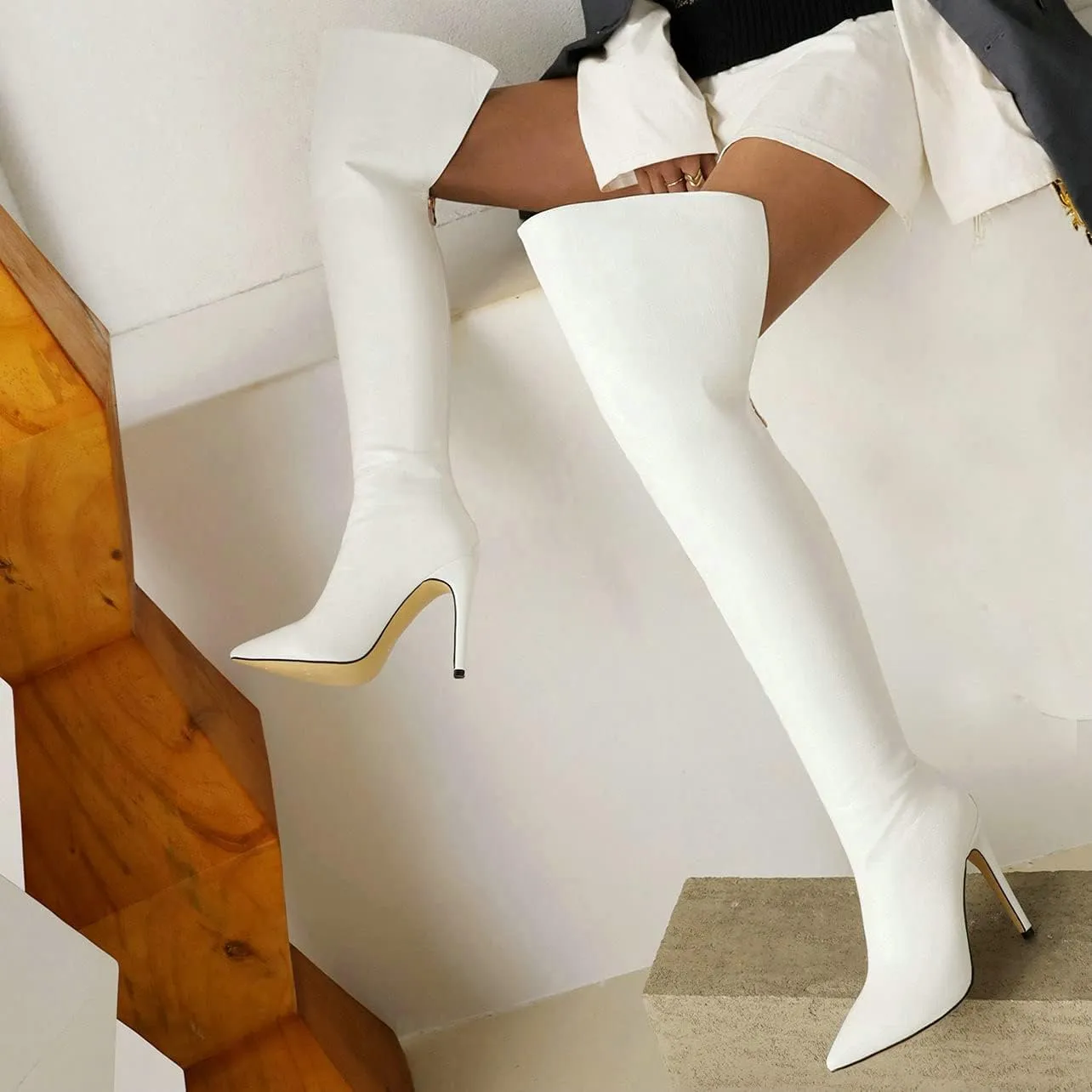UniqueStride Womens Stiletto Over the Knee Boots Pointed Toe Back Zip Up Thigh High Boots