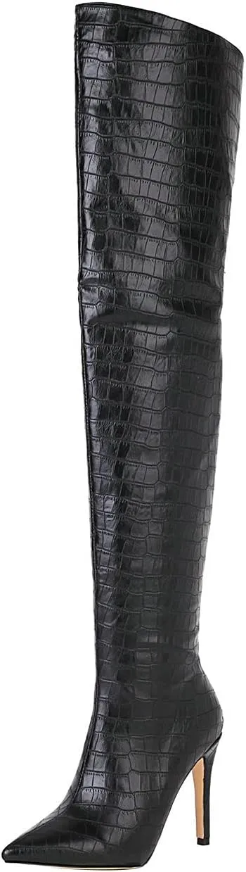 UniqueStride Womens Stiletto Over the Knee Boots Pointed Toe Back Zip Up Thigh High Boots