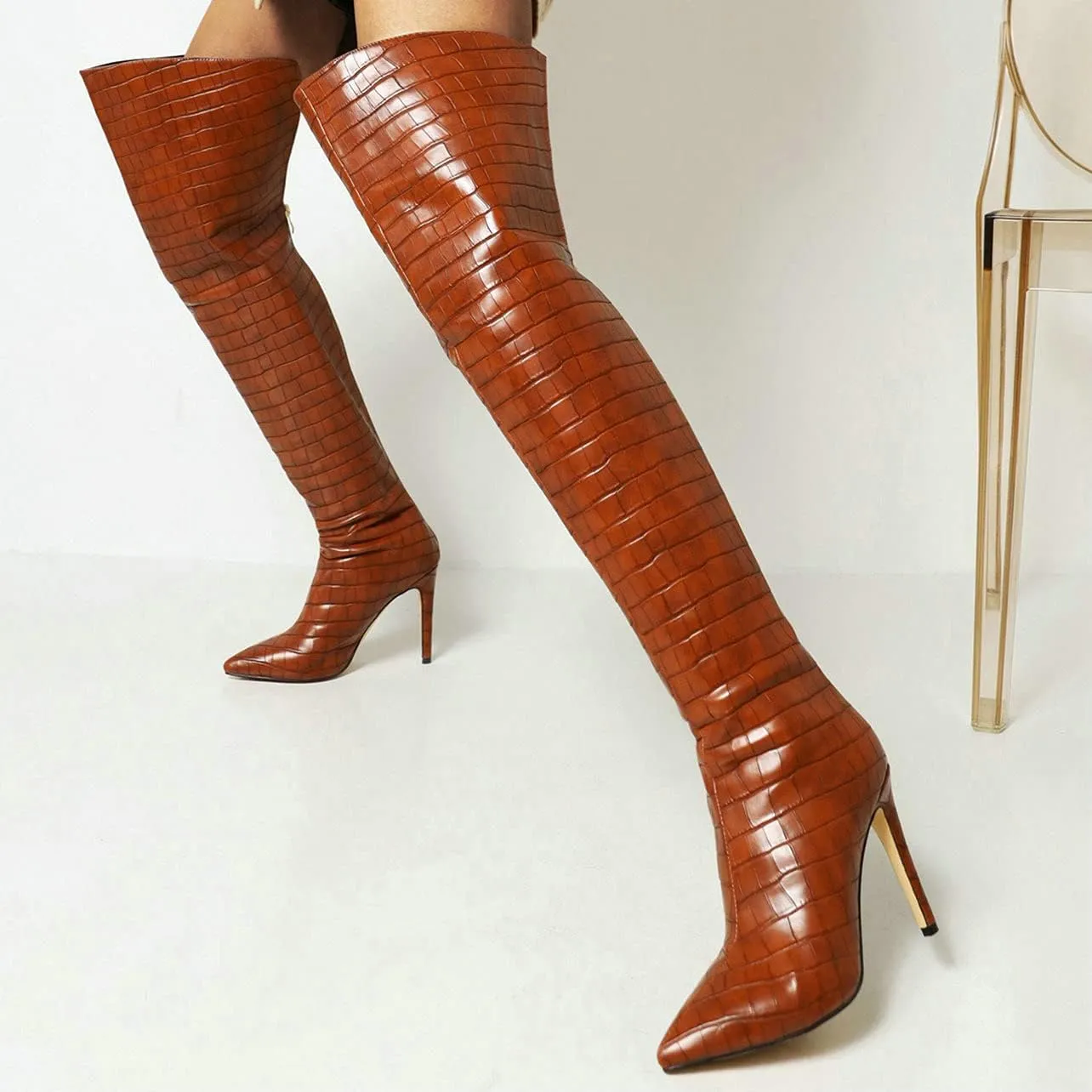 UniqueStride Womens Stiletto Over the Knee Boots Pointed Toe Back Zip Up Thigh High Boots