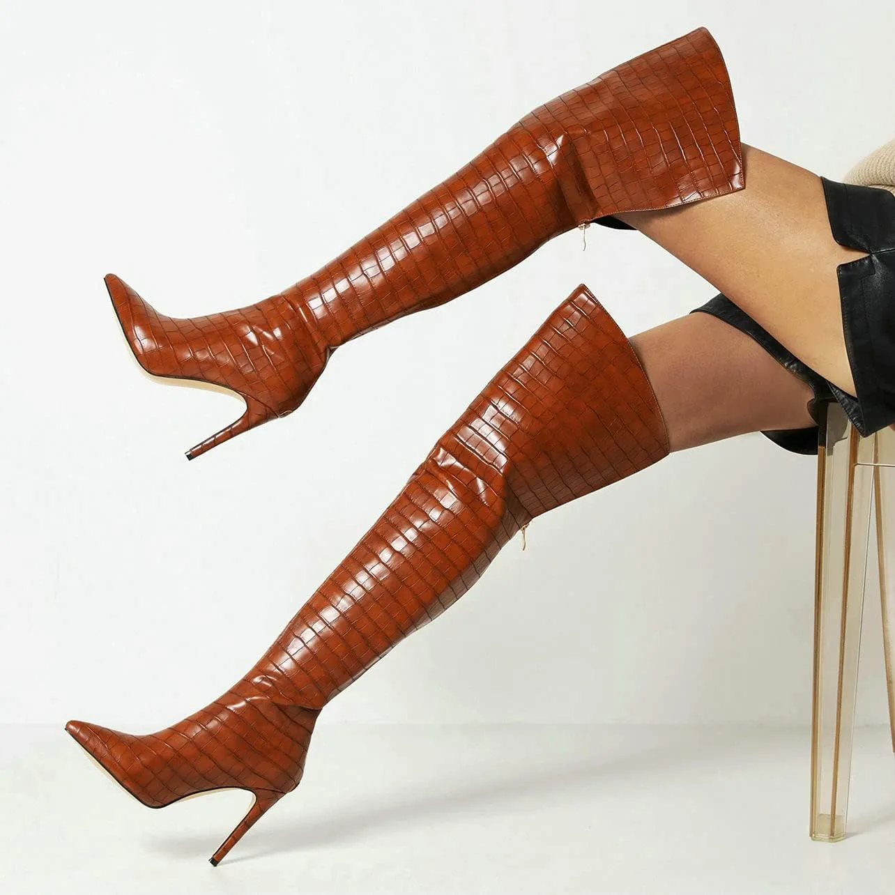 UniqueStride Womens Stiletto Over the Knee Boots Pointed Toe Back Zip Up Thigh High Boots