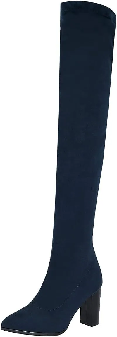 UniqueStride Womens Stretch Thigh High Boots High Block Heel Pointed Toe Over The Knee Boots