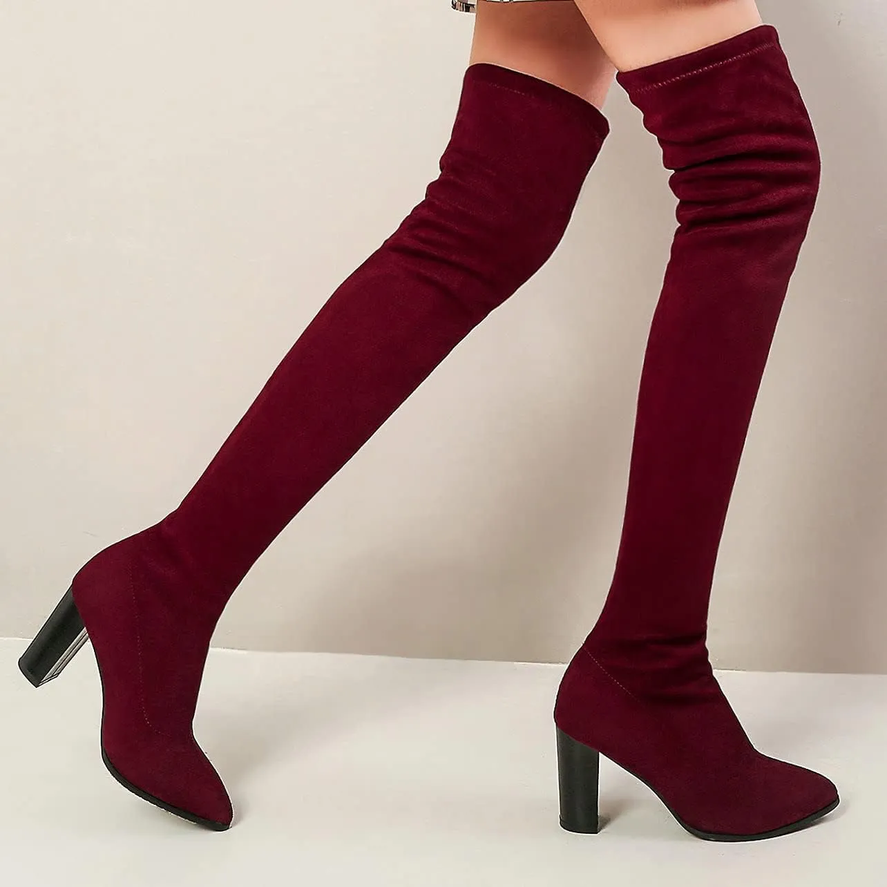 UniqueStride Womens Stretch Thigh High Boots High Block Heel Pointed Toe Over The Knee Boots