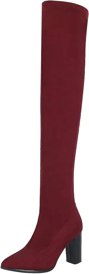 UniqueStride Womens Stretch Thigh High Boots High Block Heel Pointed Toe Over The Knee Boots