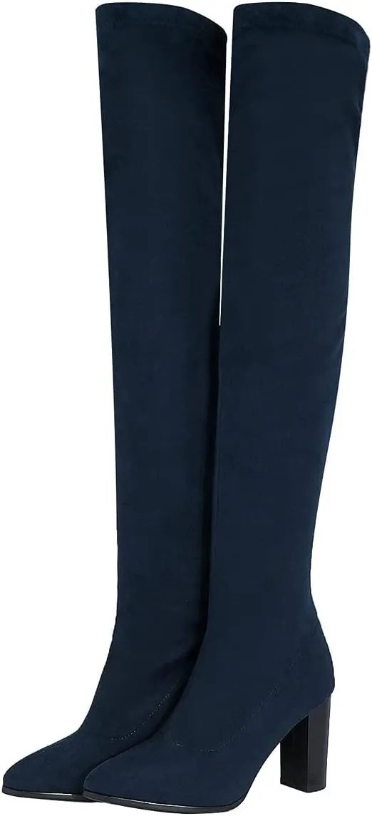 UniqueStride Womens Stretch Thigh High Boots High Block Heel Pointed Toe Over The Knee Boots
