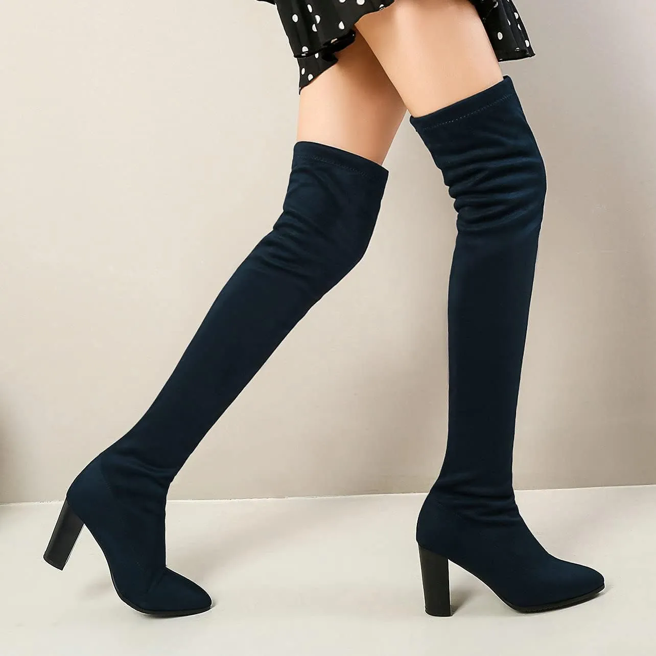UniqueStride Womens Stretch Thigh High Boots High Block Heel Pointed Toe Over The Knee Boots