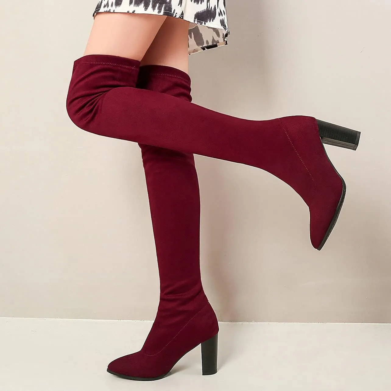 UniqueStride Womens Stretch Thigh High Boots High Block Heel Pointed Toe Over The Knee Boots