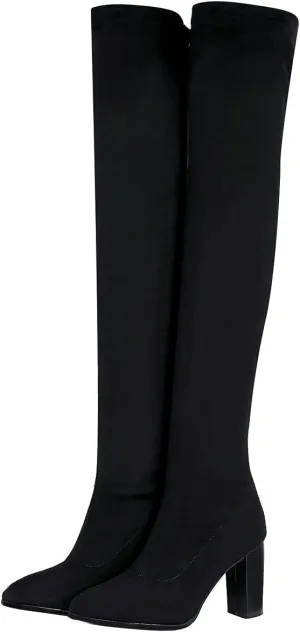 UniqueStride Womens Stretch Thigh High Boots High Block Heel Pointed Toe Over The Knee Boots