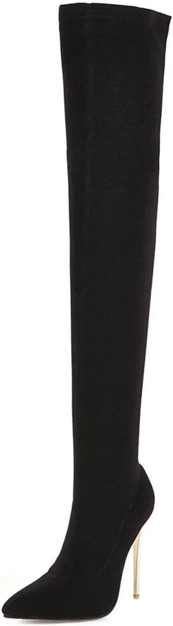 UniqueStride Womens Stretch Thigh High Stiletto Boots Pointed Toe Slip On Over the Knee Boots