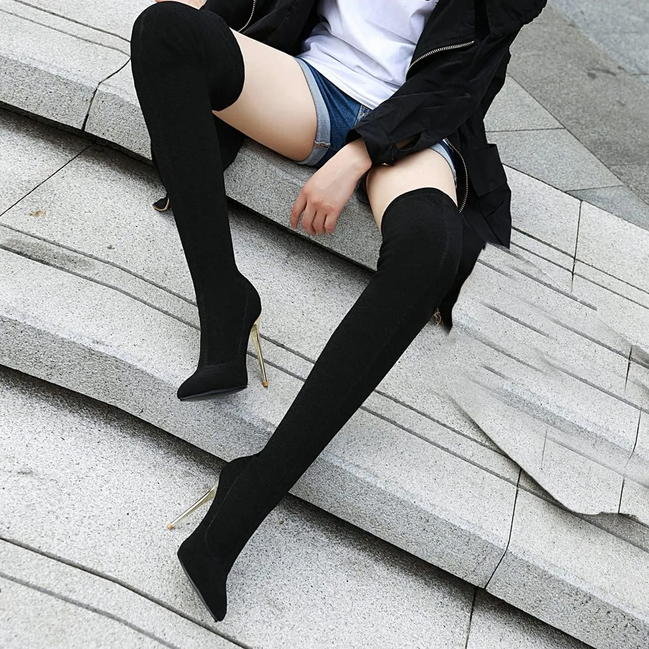 UniqueStride Womens Stretch Thigh High Stiletto Boots Pointed Toe Slip On Over the Knee Boots