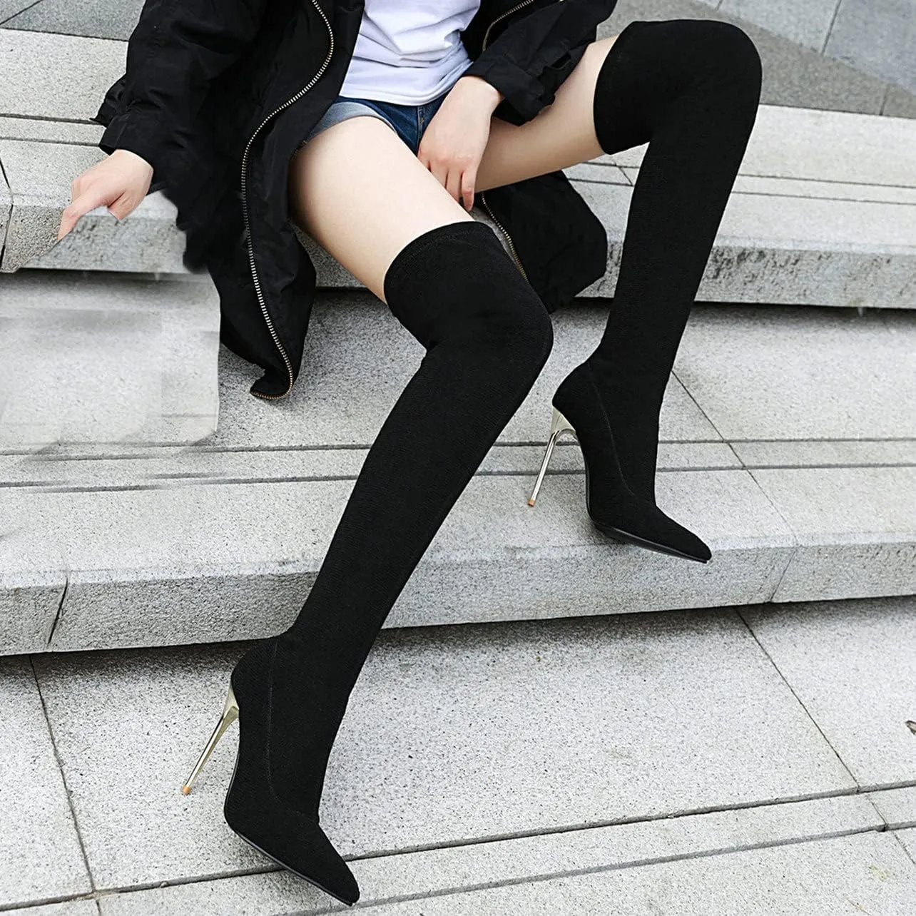 UniqueStride Womens Stretch Thigh High Stiletto Boots Pointed Toe Slip On Over the Knee Boots