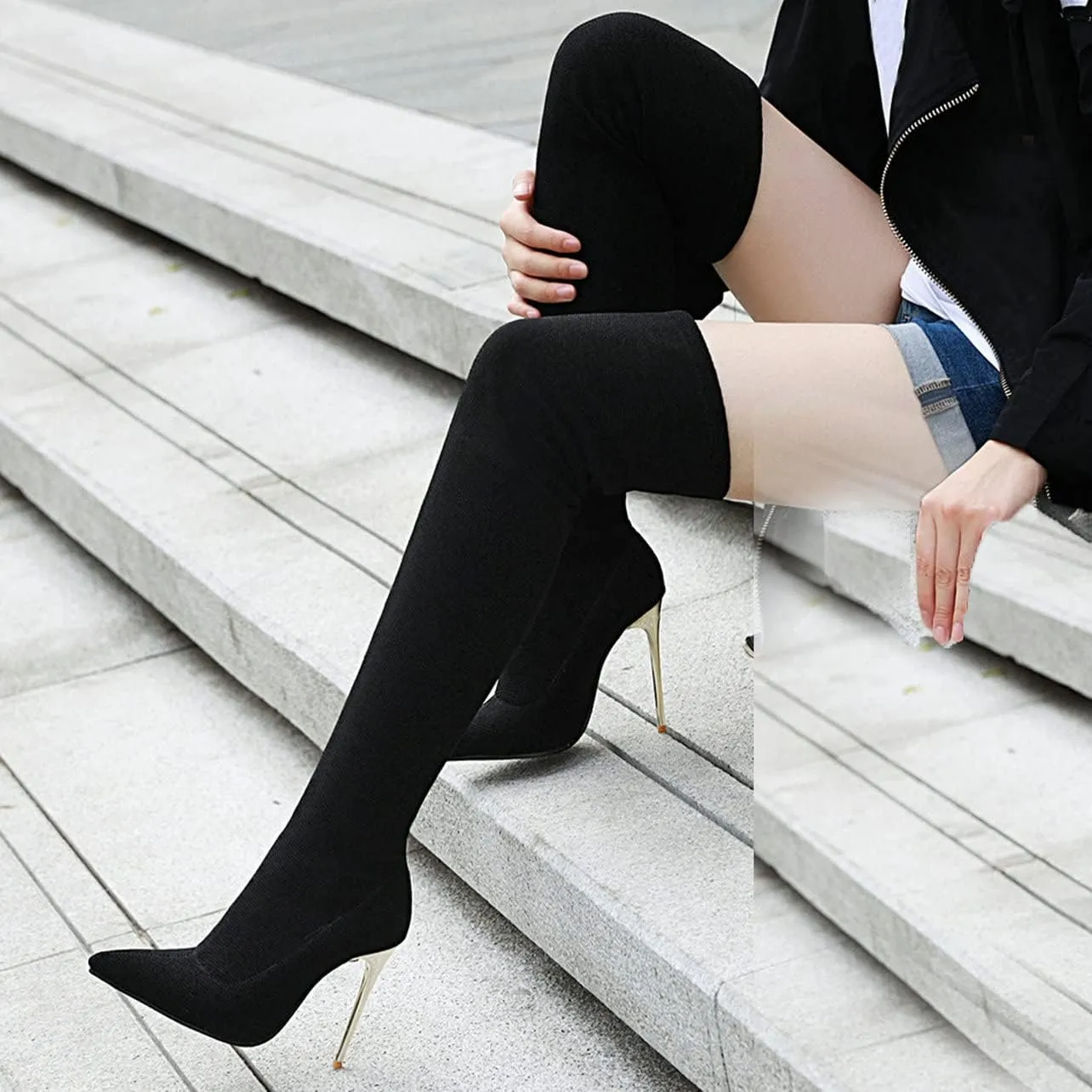 UniqueStride Womens Stretch Thigh High Stiletto Boots Pointed Toe Slip On Over the Knee Boots