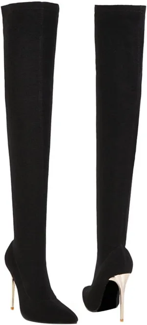 UniqueStride Womens Stretch Thigh High Stiletto Boots Pointed Toe Slip On Over the Knee Boots