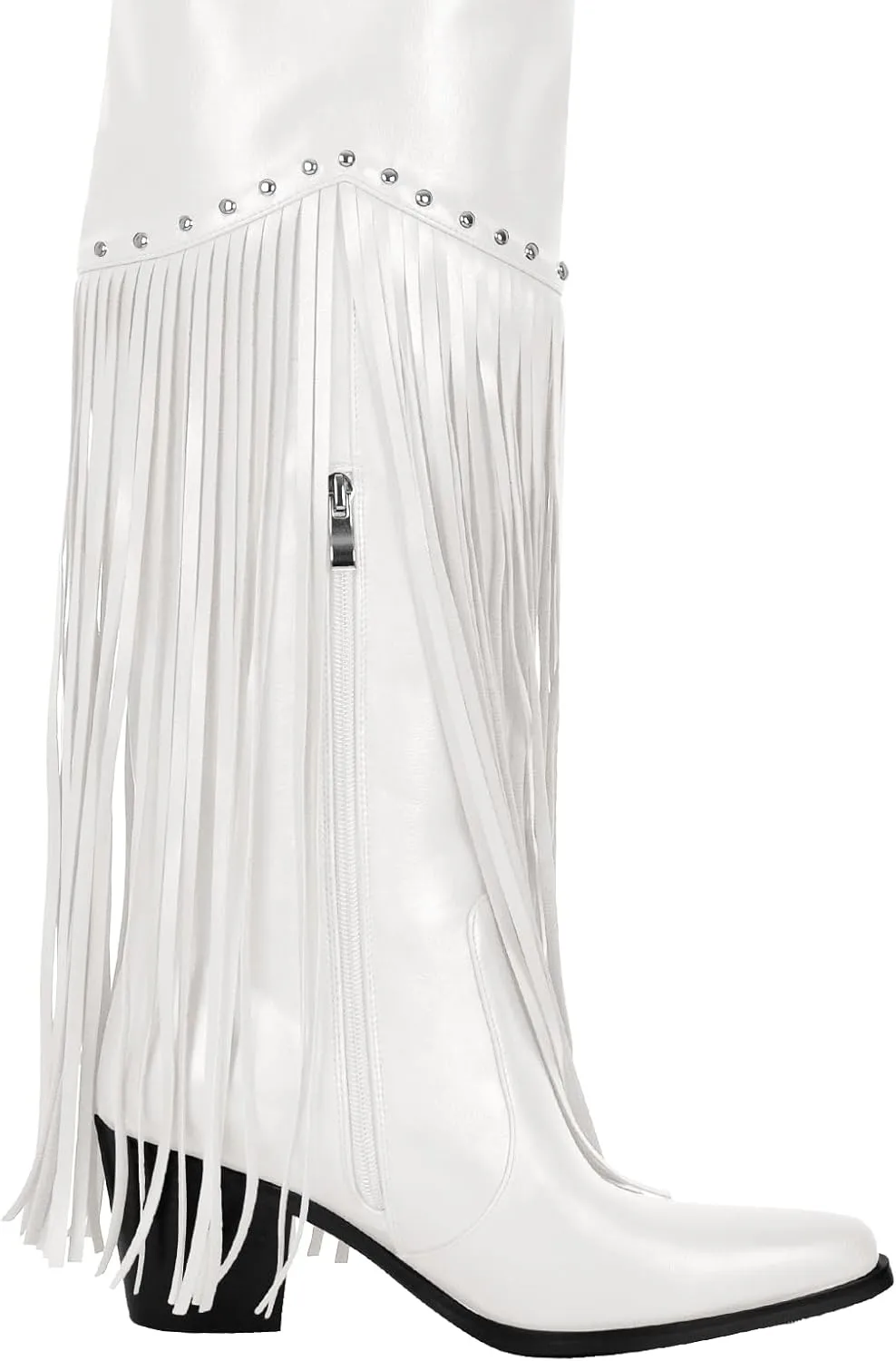 VERISSON Point Toe Zip up Block Heeled Over the Knee Boots side Zippers Studded Rivets Tassel Booties