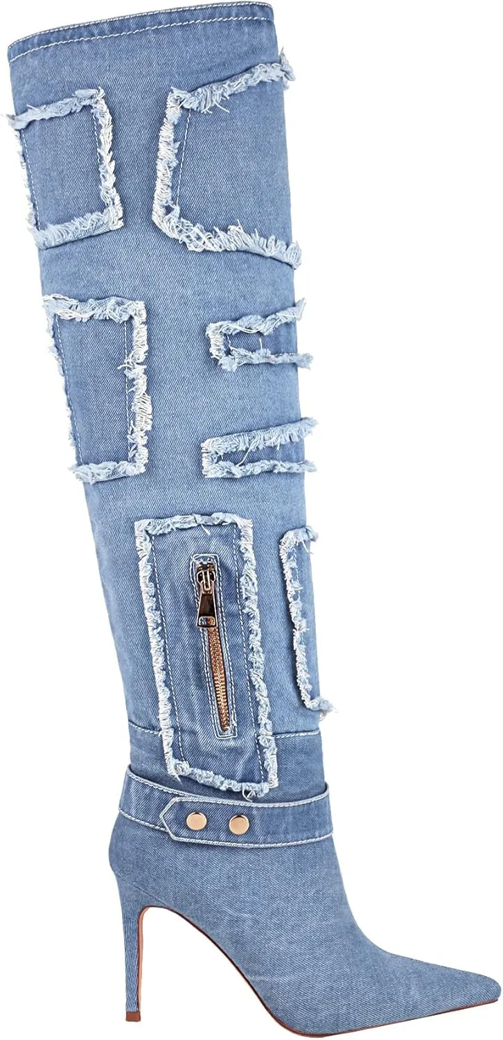 vivianly Womens Thigh High Boots Denim Pointy Toe Over The Knee Boots Stiletto Heel Long Boots