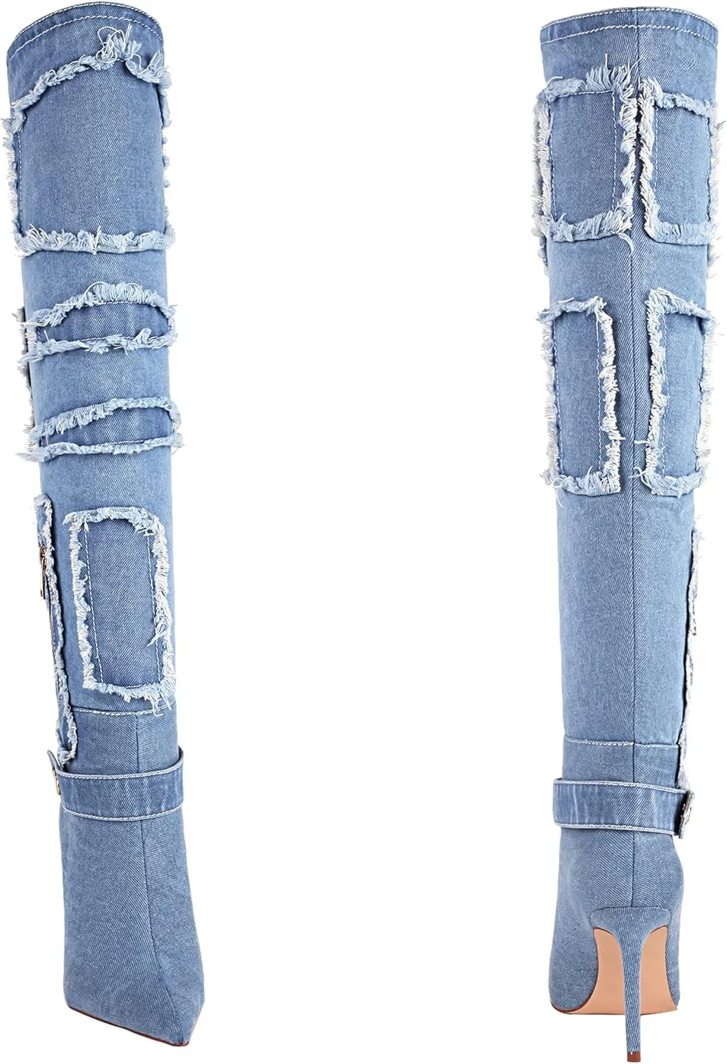vivianly Womens Thigh High Boots Denim Pointy Toe Over The Knee Boots Stiletto Heel Long Boots