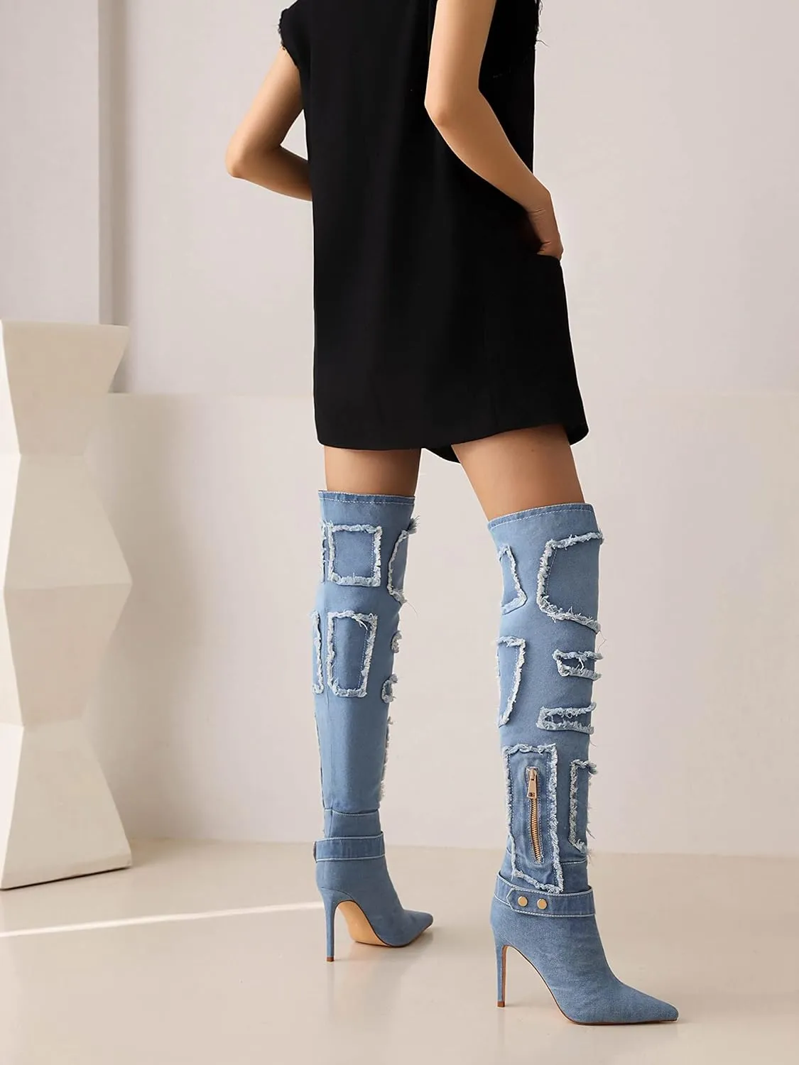 vivianly Womens Thigh High Boots Denim Pointy Toe Over The Knee Boots Stiletto Heel Long Boots