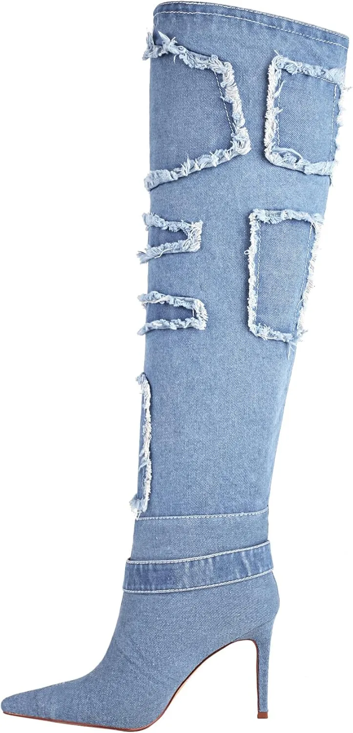 vivianly Womens Thigh High Boots Denim Pointy Toe Over The Knee Boots Stiletto Heel Long Boots