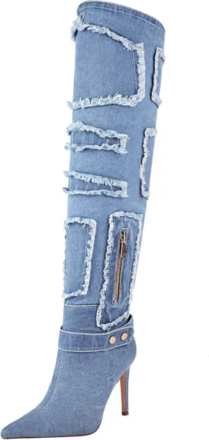 vivianly Womens Thigh High Boots Denim Pointy Toe Over The Knee Boots Stiletto Heel Long Boots
