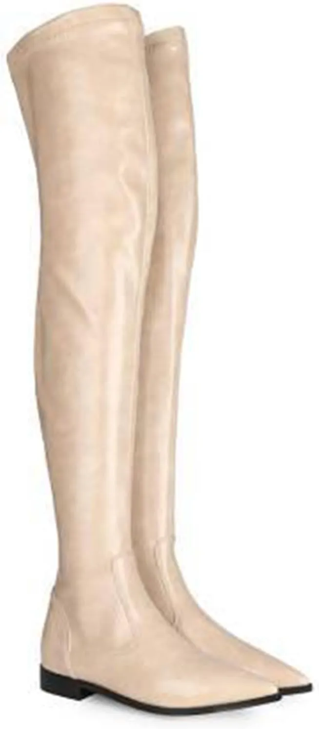 Vujkliy Women's Low Heel Over The Knee Boots Pointed Toe Side Zipper Stretch Fashion Boots