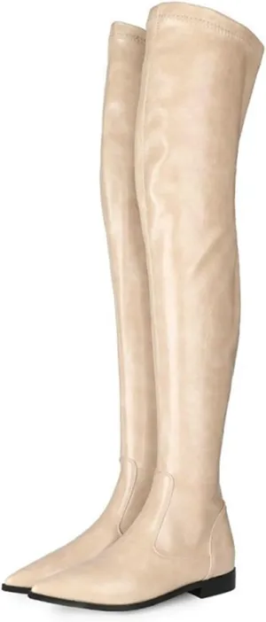 Vujkliy Women's Low Heel Over The Knee Boots Pointed Toe Side Zipper Stretch Fashion Boots