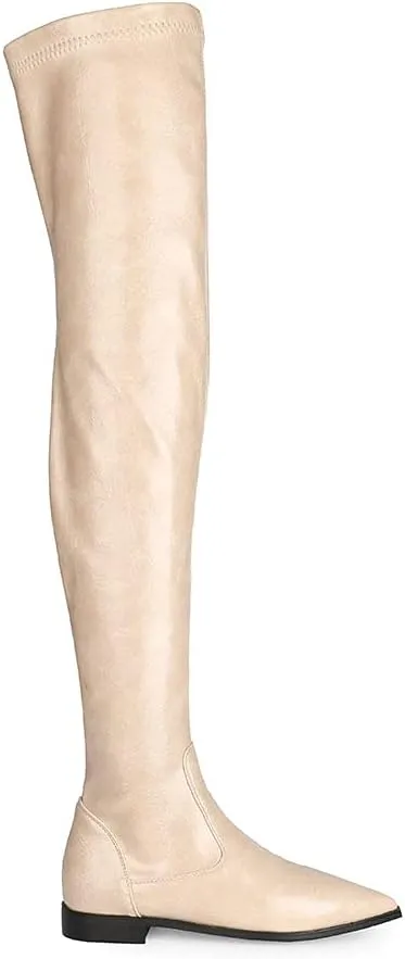 Women Patent Leather Flat Over the Knee Boots Pointed Toe Side Zipper Thigh High Low Heel Boot