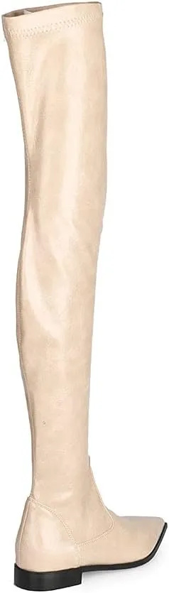 Women Patent Leather Flat Over the Knee Boots Pointed Toe Side Zipper Thigh High Low Heel Boot