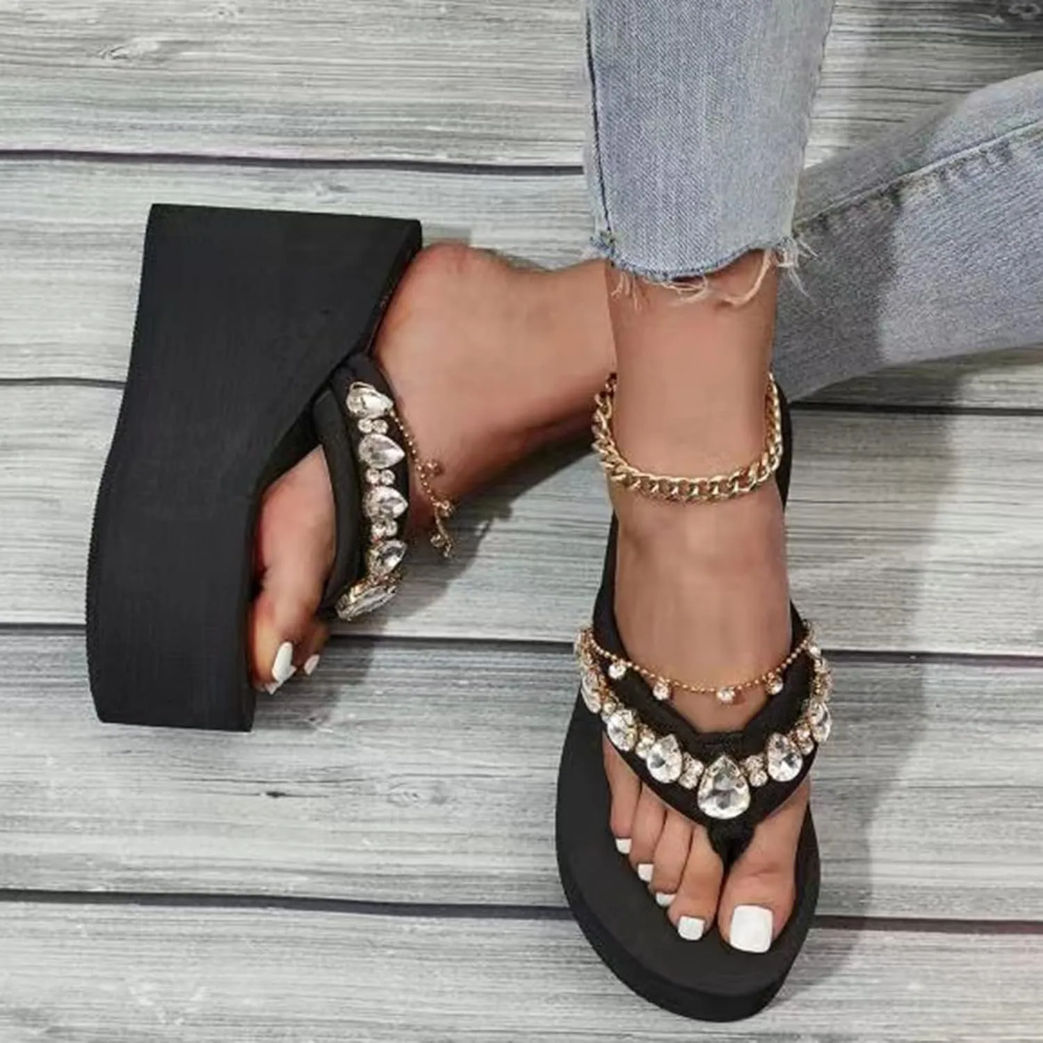 Women Shoes Thick Sole High Heel Wedge Flip Flops Fashion One Foot Wear Comfortable Beach Sandals And Slippers Gel Clear Insoles
