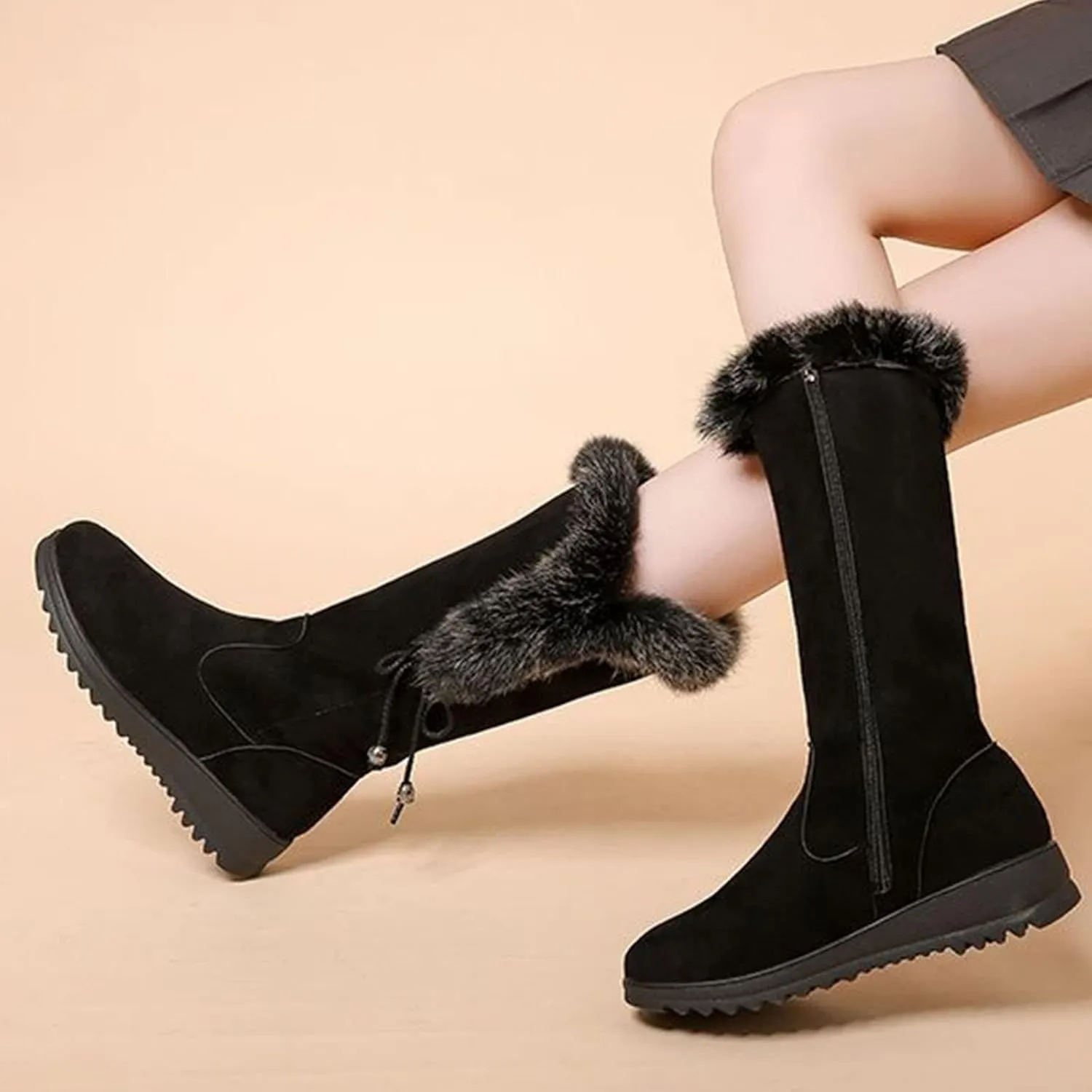 Women's Boots Mid Calf Flat Heel Furry Lined Snow Boots Zip Classic Leather Round Toe Comfortable Fall Winter Warm Boots