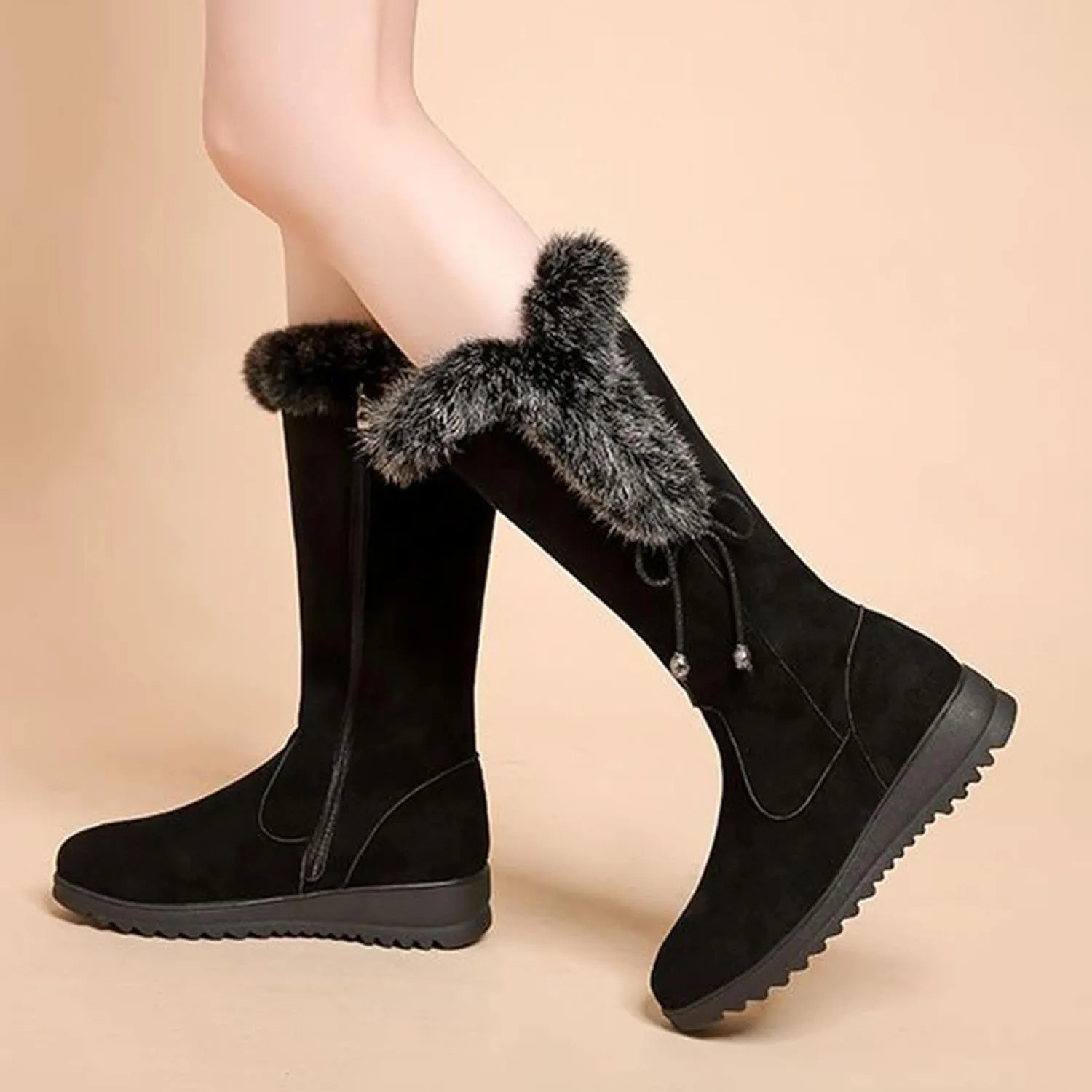 Women's Boots Mid Calf Flat Heel Furry Lined Snow Boots Zip Classic Leather Round Toe Comfortable Fall Winter Warm Boots