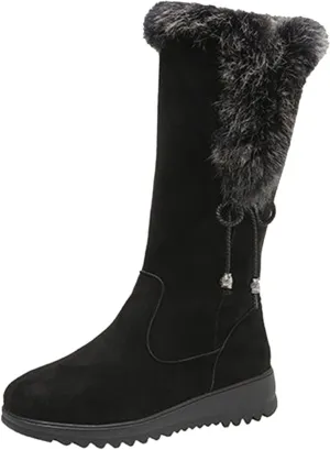 Women's Boots Mid Calf Flat Heel Furry Lined Snow Boots Zip Classic Leather Round Toe Comfortable Fall Winter Warm Boots