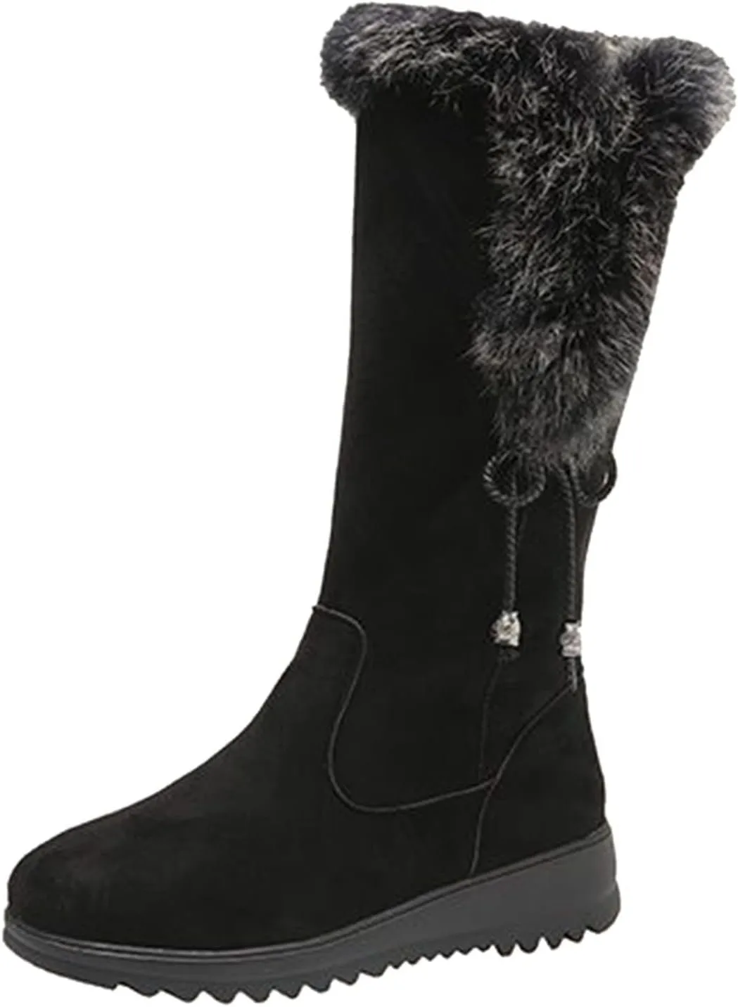Women's Boots Mid Calf Flat Heel Furry Lined Snow Boots Zip Classic Leather Round Toe Comfortable Fall Winter Warm Boots