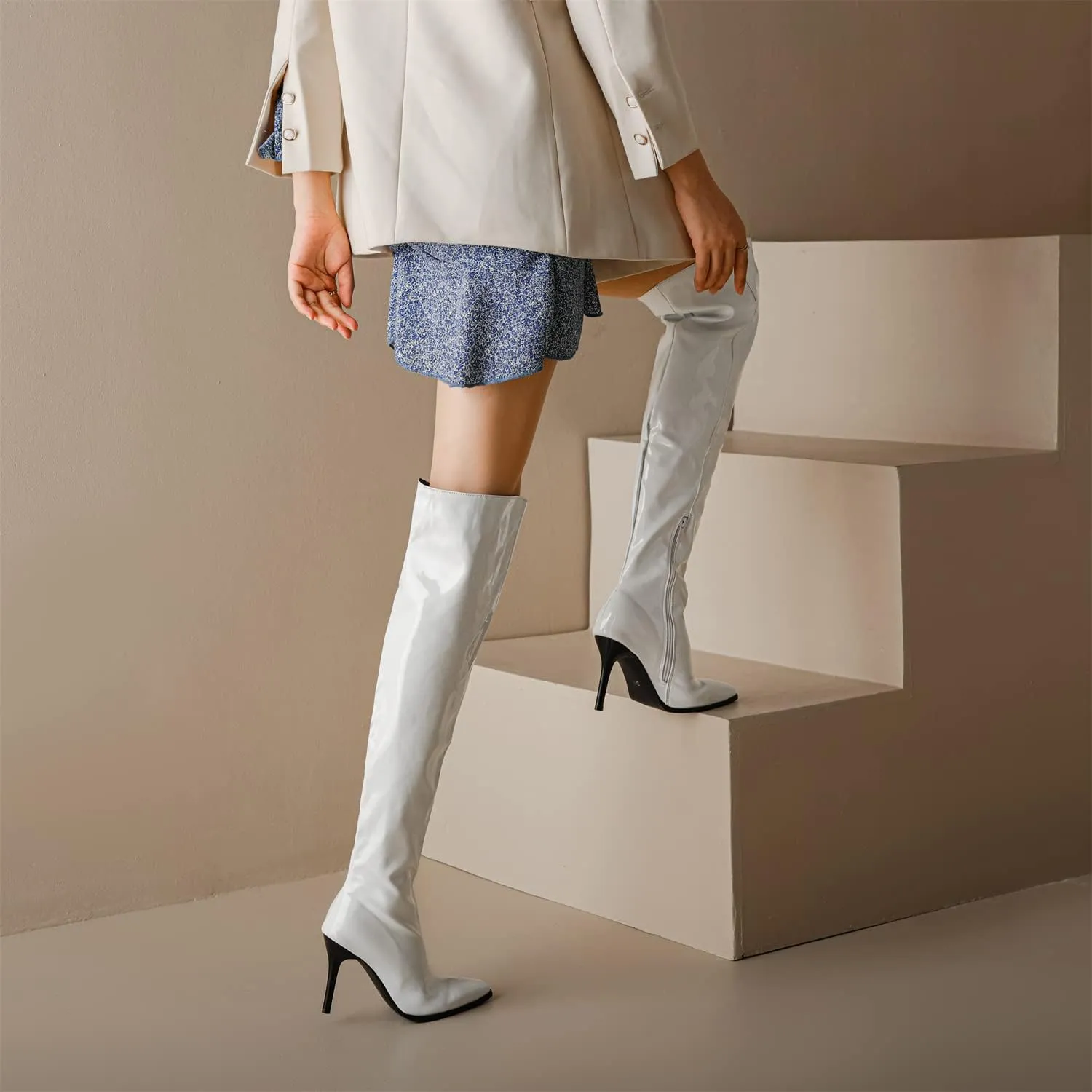 Womens Fashion 9CM High Heels Side Zipper Pointed Toe Over The Knee Boots Concise Knee High Booties