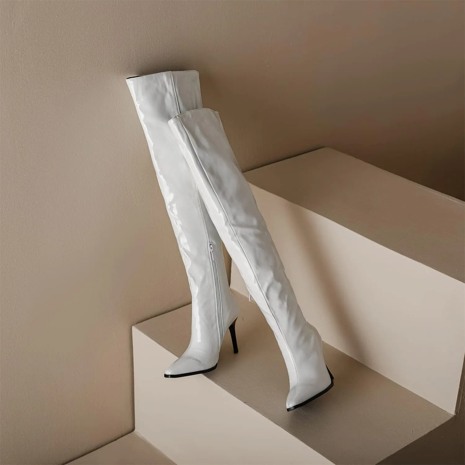 Womens Fashion 9CM High Heels Side Zipper Pointed Toe Over The Knee Boots Concise Knee High Booties